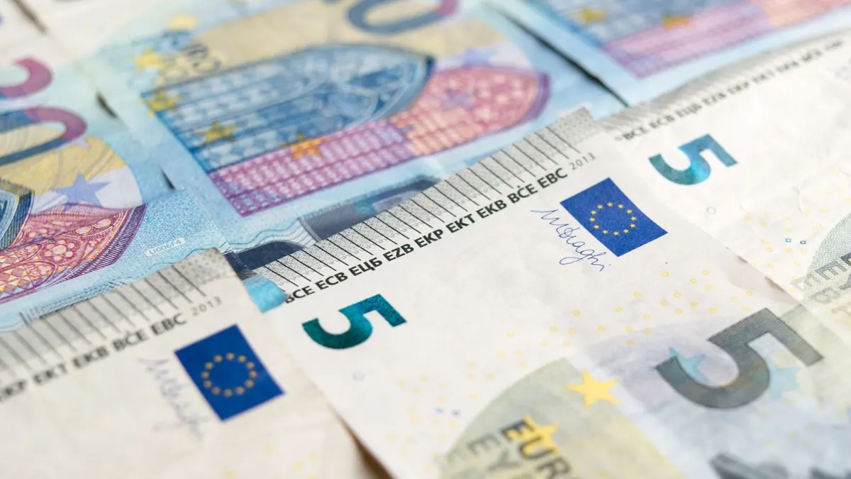 Vista detallada de billetes de 5 y 20 euros que muestra el diseño de la moneda europea.