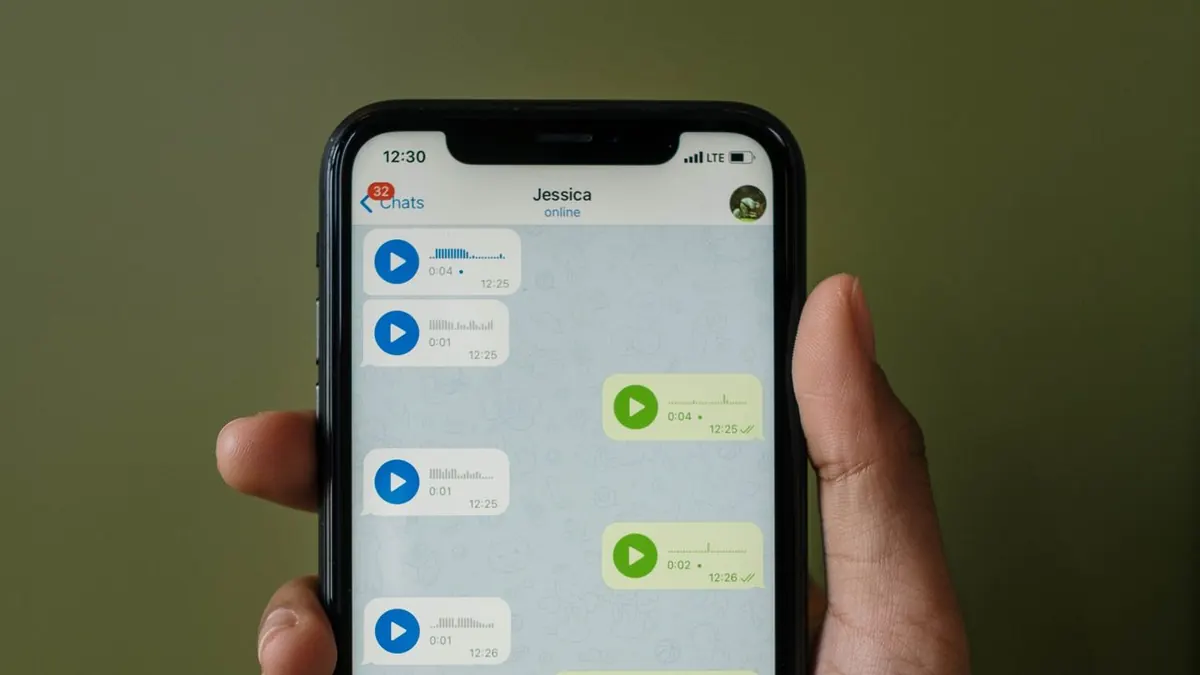 Primer plano de un smartphone mostrando una aplicación de mensajería con mensajes de voz en una mano.