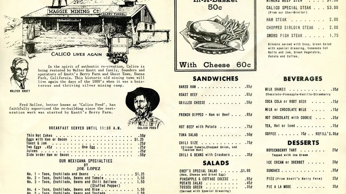 Carta antigua de un restaurante con platos y precios